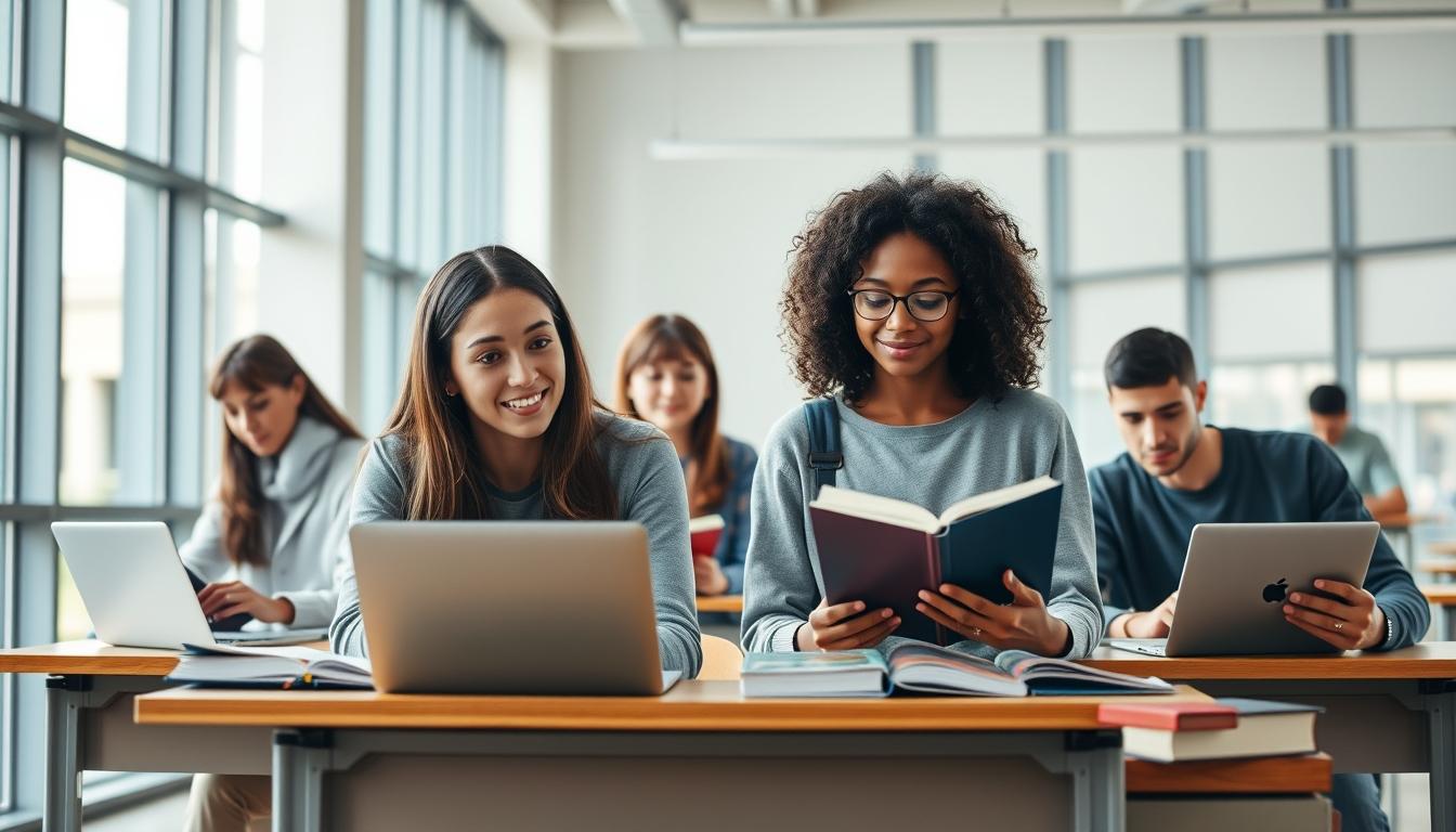 Students studying together in modern classroom